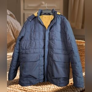 Men's Navy Parka Quilted Puffer Box Coat Removable Hood Fleece Faux Fur Hood XL